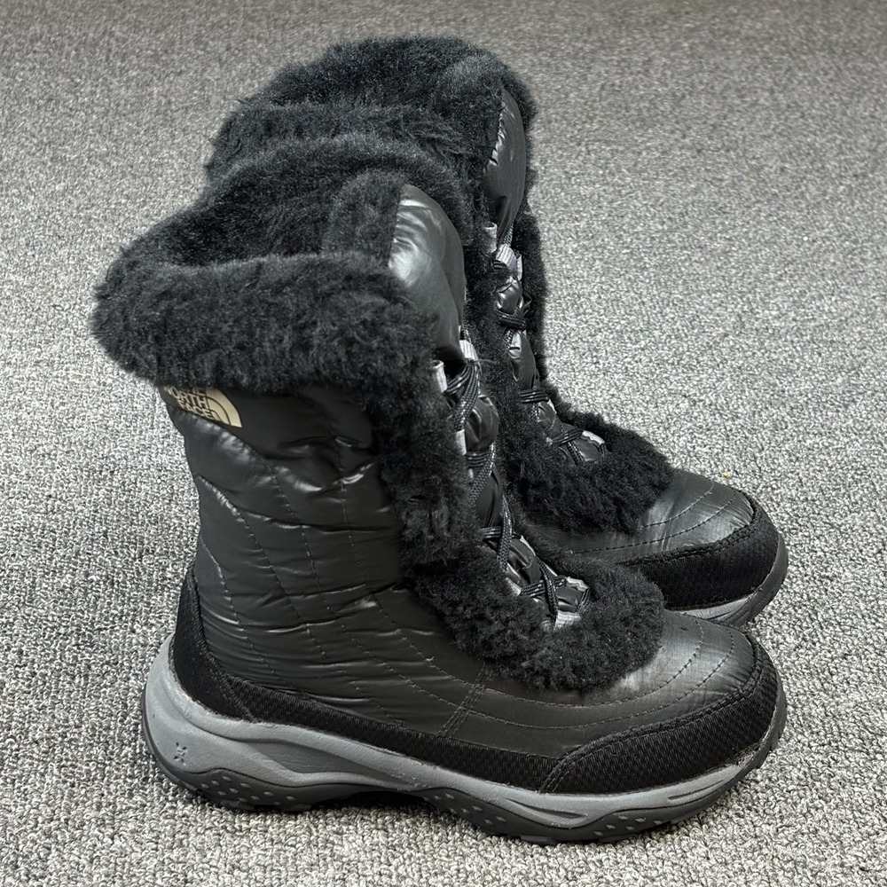 The North Face Nuptse Fur Winter Snow Boots Black Girls Youth Size 2 Insulated